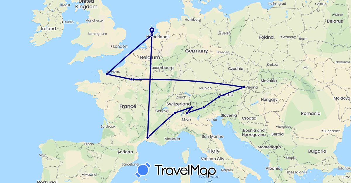 TravelMap itinerary: driving in Austria, Switzerland, France, Italy, Netherlands (Europe)